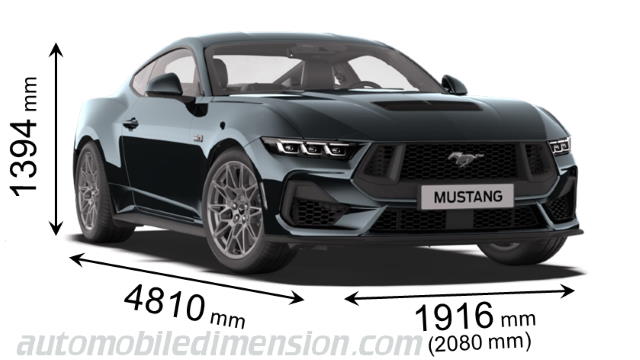Dimension Ford Mustang 2024 avec longueur, largeur et hauteur