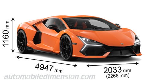 Dimension Lamborghini Revuelto 2024 avec longueur, largeur et hauteur