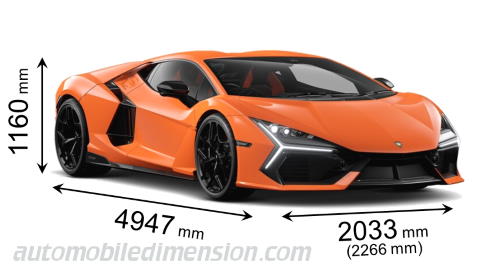 Lamborghini Revuelto 2024 afmetingen met lengte, breedte en hoogte